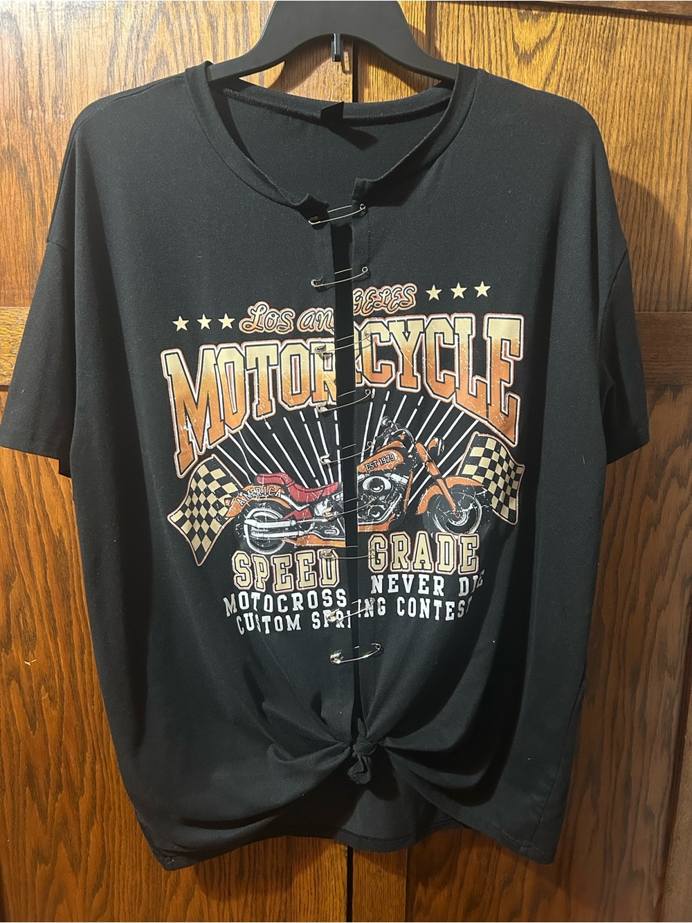 SHEIN Black Motorcycle Graphic Tie-Front Tee with Orange Accents